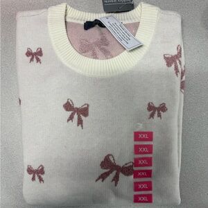 Women's Cream Crewneck Sweater with Pink Bow Pattern